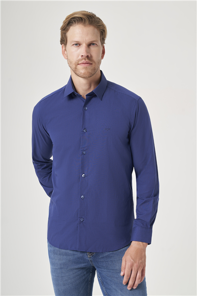 Lacivert Sert Yaka Uzun Kol Cepsiz Slim Fit Pamuklu Gömlek 1004260181