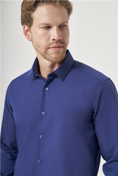 Lacivert Sert Yaka Uzun Kol Cepsiz Slim Fit Pamuklu Gömlek 1004260181