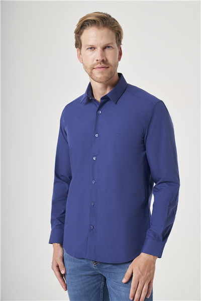 Lacivert Sert Yaka Uzun Kol Cepsiz Slim Fit Pamuklu Gömlek 1004260181
