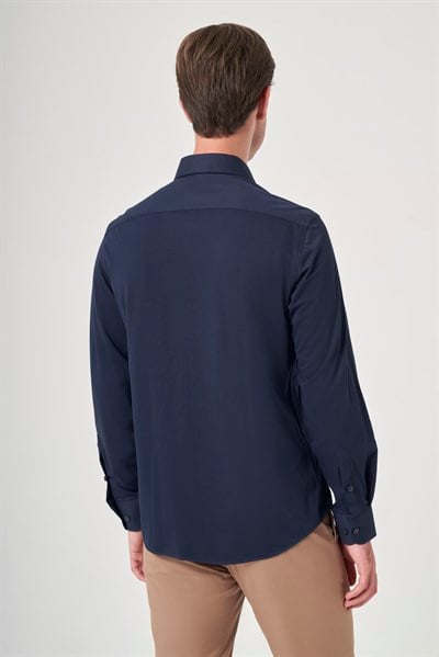 Lacivert Tulum Yaka Uzun Kol Cepsiz Örme Slim Fit Pamuklu Gömlek 1004260208