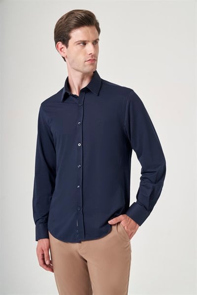 Lacivert Tulum Yaka Uzun Kol Cepsiz Örme Slim Fit Pamuklu Gömlek 1004260208