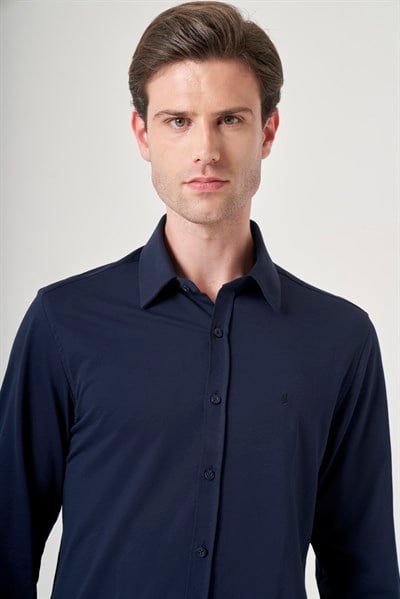Lacivert Tulum Yaka Uzun Kol Cepsiz Örme Slim Fit Pamuklu Gömlek 1004260208