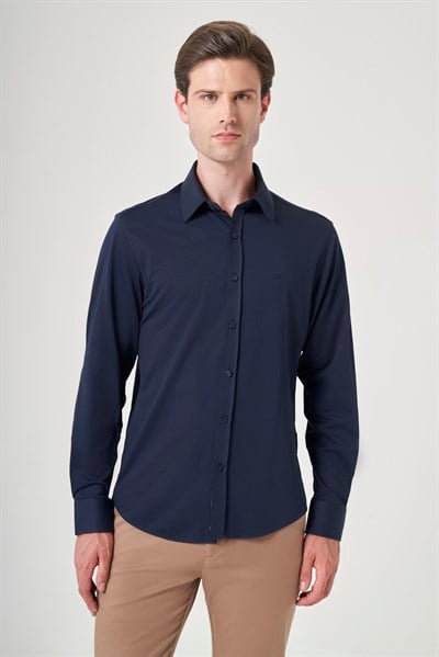 Lacivert Tulum Yaka Uzun Kol Cepsiz Örme Slim Fit Pamuklu Gömlek 1004260208