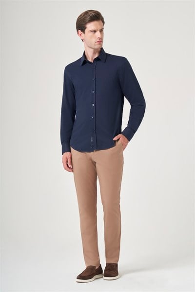 Lacivert Tulum Yaka Uzun Kol Cepsiz Örme Slim Fit Pamuklu Gömlek 1004260208