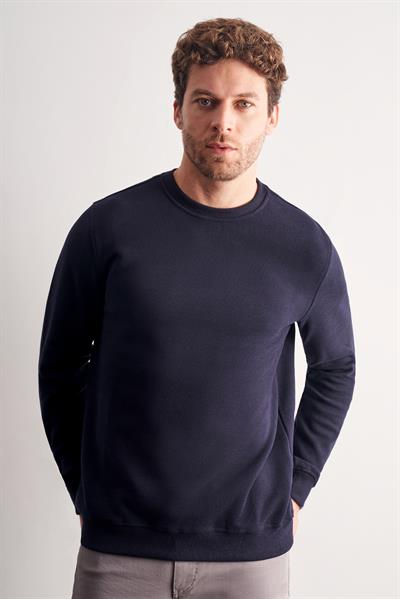 Lacivert Uzun Kol Bisiklet Yaka Düz Pamuklu Comfort Fit Sweatshirt 1013255150