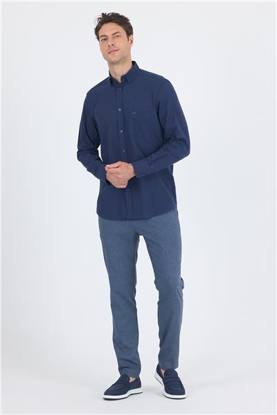 Lacivert Uzun Kol Düz Armür Oval Yaka Casual Comfort Fit Gömlek 1004250249