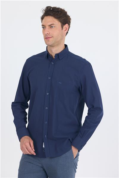 Lacivert Uzun Kol Düz Armür Oval Yaka Casual Comfort Fit Gömlek 1004250249