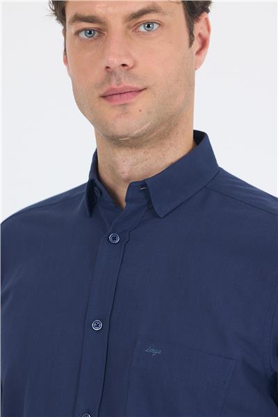 Lacivert Uzun Kol Düz Armür Oval Yaka Casual Comfort Fit Gömlek 1004250249