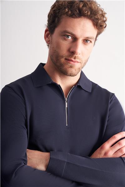 Lacivert Uzun Kol Fermuarlı Yaka Cepsiz  Slim Fit  Triko 1012255150