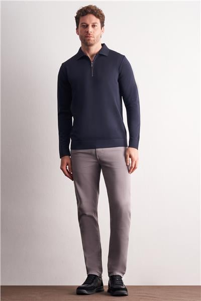 Lacivert Uzun Kol Fermuarlı Yaka Cepsiz  Slim Fit  Triko 1012255150