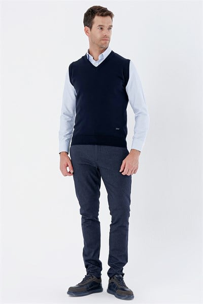 Lacivert V Yaka Cepsiz Slim Fit Classic Yünlü Triko Süeter 1012255003