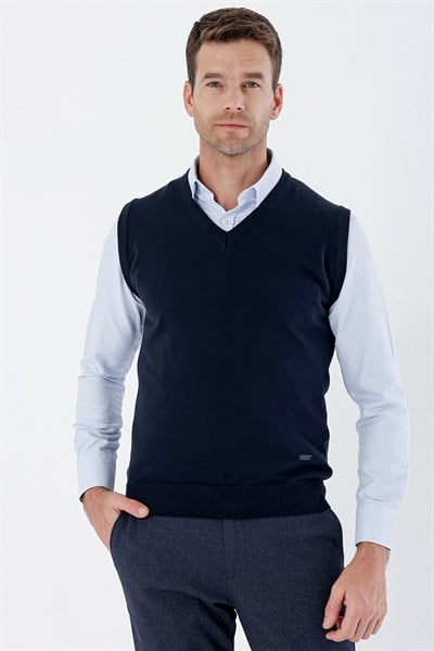 Lacivert V Yaka Cepsiz Slim Fit Classic Yünlü Triko Süeter 1012255003