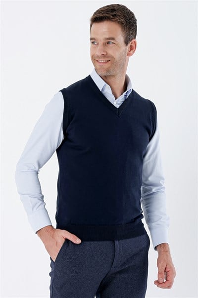 Lacivert V Yaka Cepsiz Slim Fit Classic Yünlü Triko Süeter 1012255003
