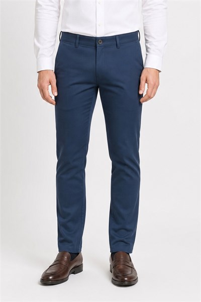 Lacivert Yan Cep Düz Paça Armürlü Slim Fit Pamuklu Chino Pantolon 1003260165