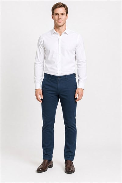 Lacivert Yan Cep Düz Paça Armürlü Slim Fit Pamuklu Chino Pantolon 1003260165