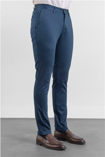 Lacivert Yan Cep Düz Paça Armürlü Slim Fit Pamuklu Chino Pantolon 1003260165