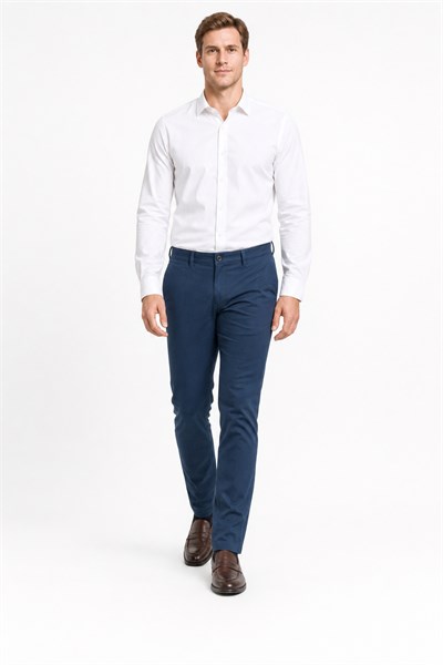 Lacivert Yan Cep Düz Paça Armürlü Slim Fit Pamuklu Chino Pantolon 1003260165