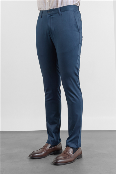 Lacivert Yan Cep Düz Paça Armürlü Slim Fit Pamuklu Chino Pantolon 1003260165