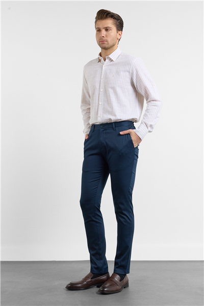 Lacivert Yan Cep Düz Paça Armürlü Slim Fit Pamuklu Chino Pantolon 1003260165