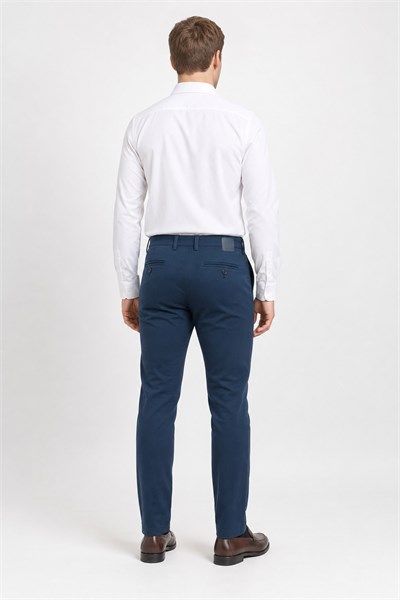 Lacivert Yan Cep Düz Paça Armürlü Slim Fit Pamuklu Chino Pantolon 1003260165