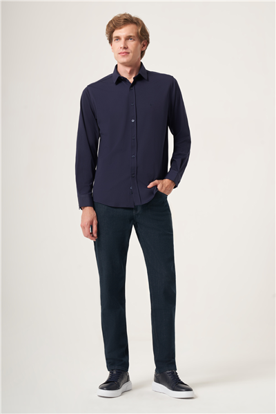 Lacivert Yumuşak Yaka Örme Performans Slim Fit Esnek Gömlek 1004265170