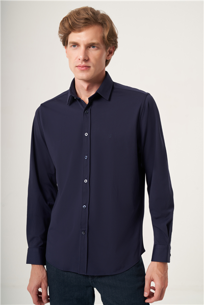 Lacivert Yumuşak Yaka Örme Performans Slim Fit Esnek Gömlek 1004265170