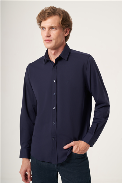 Lacivert Yumuşak Yaka Örme Performans Slim Fit Esnek Gömlek 1004265170