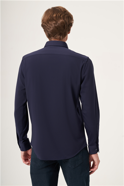 Lacivert Yumuşak Yaka Örme Performans Slim Fit Esnek Gömlek 1004265170
