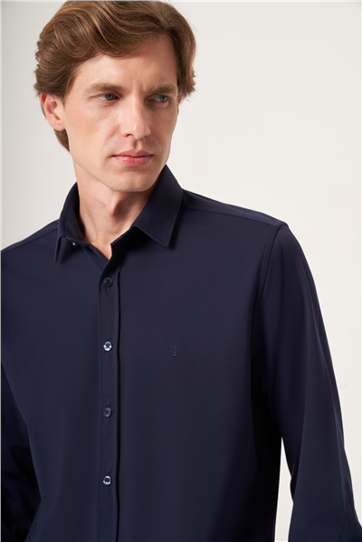 Lacivert Yumuşak Yaka Örme Performans Slim Fit Esnek Gömlek 1004265170