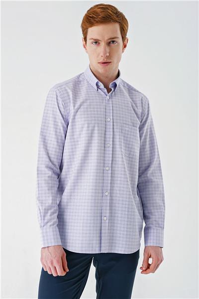 Lavanta Uzun Kollu Ekoseli Cepli Garnili Pamuklu Klasik Comfort Fit Rahat Kesim Gömlek 1004240227