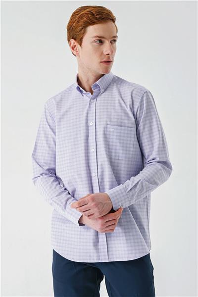 Lavanta Uzun Kollu Ekoseli Cepli Garnili Pamuklu Klasik Comfort Fit Rahat Kesim Gömlek 1004240227