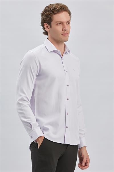 Lila Uzun Kol Kendinden Desenli Armürlü Yarım İtalyan Yaka Classic Slim Fit Gömlek 1004240250