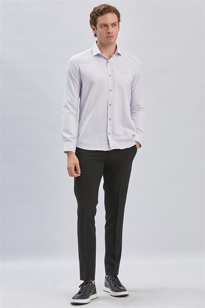 Lila Uzun Kol Kendinden Desenli Armürlü Yarım İtalyan Yaka Classic Slim Fit Gömlek 1004240250