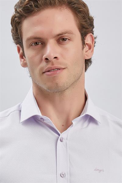 Lila Uzun Kol Kendinden Desenli Armürlü Yarım İtalyan Yaka Classic Slim Fit Gömlek 1004240250