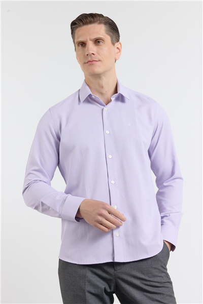 Mor Sert Yaka Uzun Kol Cepsiz Slim Fit Pamuklu Gömlek 1004255284