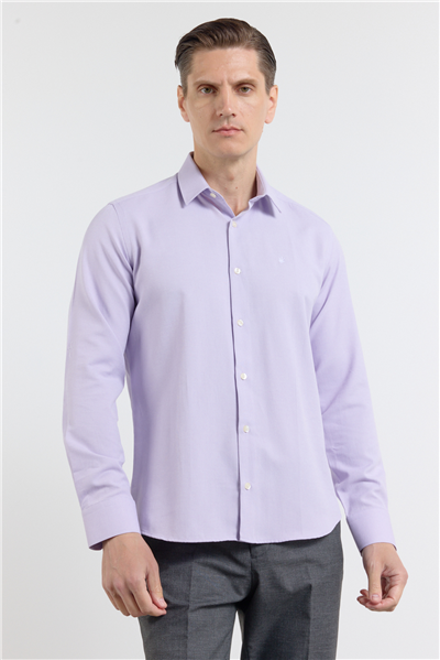 Mor Sert Yaka Uzun Kol Cepsiz Slim Fit Pamuklu Gömlek 1004255284