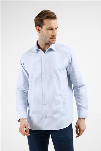 Mavi-Beyaz Çizgili Desen Sert Yaka Uzun Kol Cepli Comfort Fit Pamuklu Gömlek 1004255277