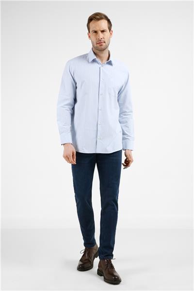 Mavi-Beyaz Çizgili Desen Sert Yaka Uzun Kol Cepli Comfort Fit Pamuklu Gömlek 1004255277