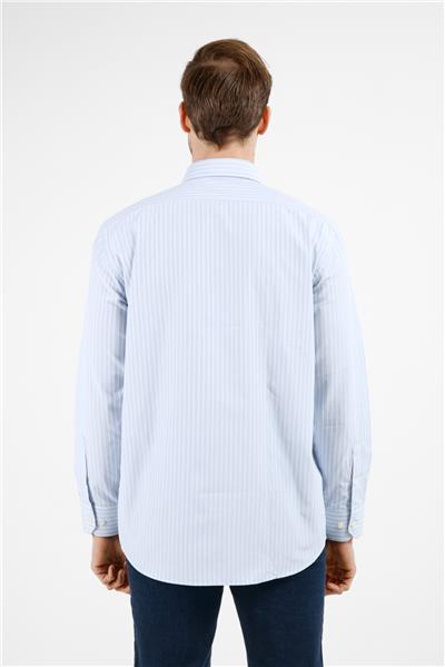 Mavi-Beyaz Çizgili Desen Sert Yaka Uzun Kol Cepli Comfort Fit Pamuklu Gömlek 1004255277