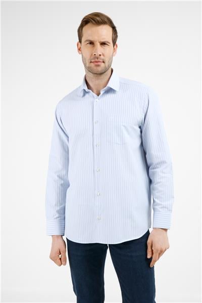 Mavi-Beyaz Çizgili Desen Sert Yaka Uzun Kol Cepli Comfort Fit Pamuklu Gömlek 1004255277