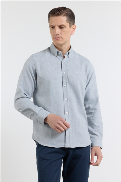 Mavi Düğmeli Yaka Uzun Kol Slim Fit Pamuklu Gömlek 1004260164