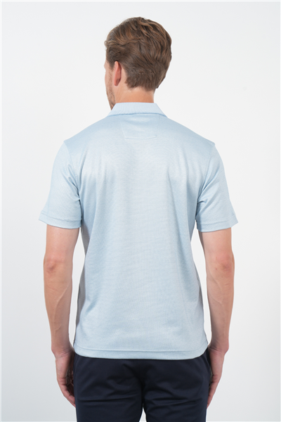 Mavi-Beyaz Kendinden Desenli Polo Yaka Kısa Kol Cepli Comfort Fit Pamuklu Tişört 1011260152
