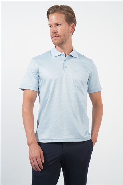 Mavi-Beyaz Kendinden Desenli Polo Yaka Kısa Kol Cepli Comfort Fit Pamuklu Tişört 1011260152