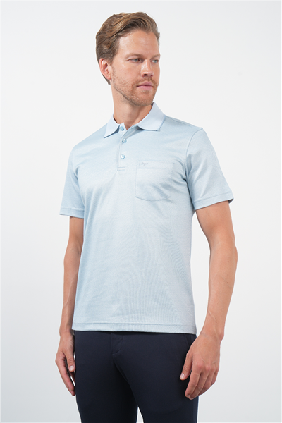 Mavi-Beyaz Kendinden Desenli Polo Yaka Kısa Kol Cepli Comfort Fit Pamuklu Tişört 1011260152