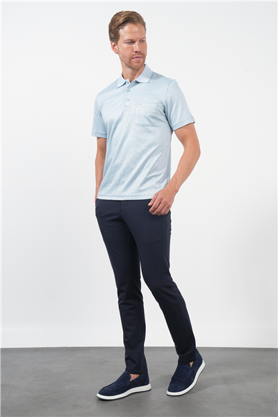 Mavi-Beyaz Kendinden Desenli Polo Yaka Kısa Kol Cepli Comfort Fit Pamuklu Tişört 1011260152