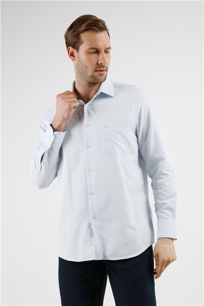 Mavi Çizgili Desen Sert Yaka Uzun Kol Cepli Comfort Fit Pamuklu Gömlek 1004255268