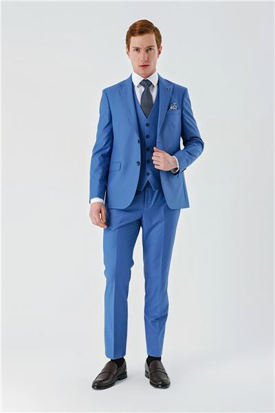Mavi Gabardin Kırlangıç Yaka Yelekli 6 Drop Slim Fit Klasik Takım Elbise 1001240187