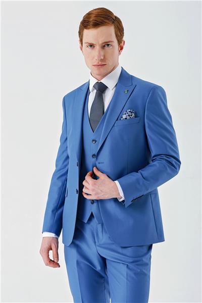 Mavi Gabardin Kırlangıç Yaka Yelekli 6 Drop Slim Fit Klasik Takım Elbise 1001240187