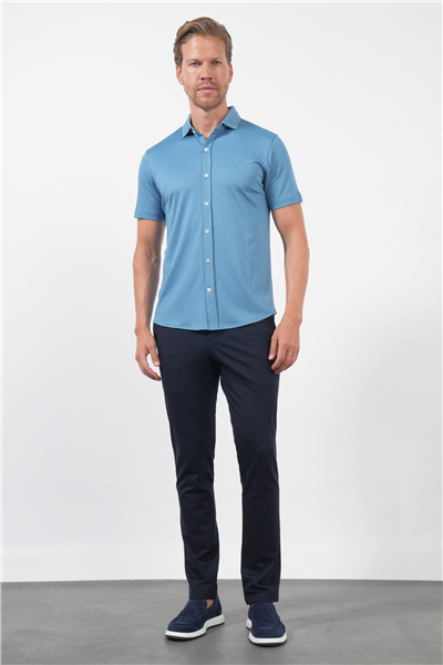 Mavi İtalyan Yaka Kısa Kol Cepsiz Slim Fit Pamuklu Gömlek 1004260158