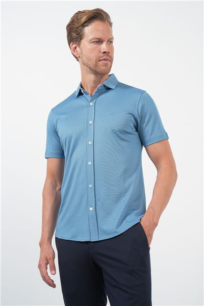 Mavi İtalyan Yaka Kısa Kol Cepsiz Slim Fit Pamuklu Gömlek 1004260158